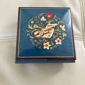 Vintage Italian Inlay Dark Blue Musical Jewelry Box